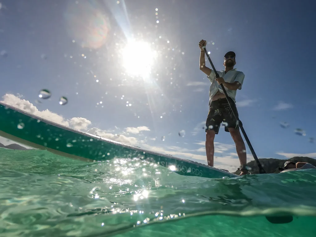 Rider using electric-assist SUP near coast