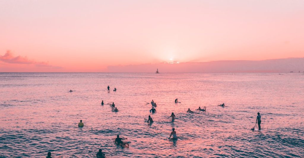 Silhouetted surfers enjoy waves under a serene pink sunset sky, highlighting a tranquil seascape scene.